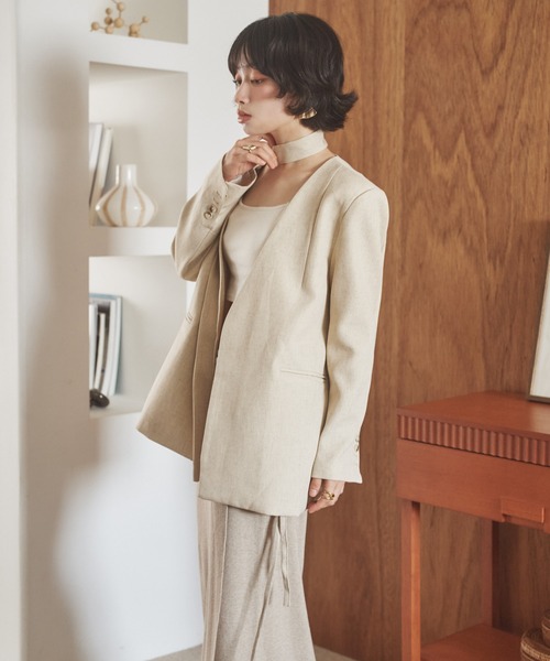 LAULEN(ローレン)の「long tie no collar jacket /ロングタイノーカラージャケット(ノーカラージャケット・レディース・チャコールグレー/アイボリー・FREE)」の9枚目の写真