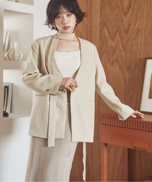 LAULEN(ローレン)の「long tie no collar jacket /ロングタイノーカラージャケット(ノーカラージャケット・レディース・チャコールグレー/アイボリー・FREE)」の5枚目の写真