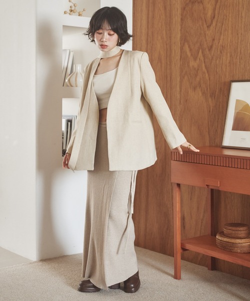 LAULEN(ローレン)の「long tie no collar jacket /ロングタイノーカラージャケット(ノーカラージャケット・レディース・チャコールグレー/アイボリー・FREE)」の7枚目の写真