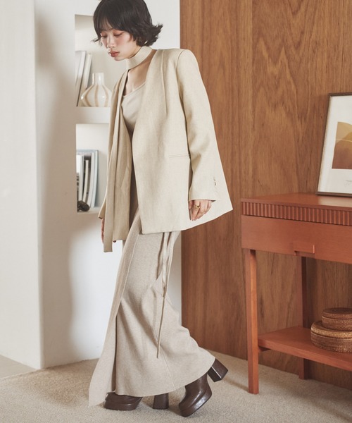 LAULEN(ローレン)の「long tie no collar jacket /ロングタイノーカラージャケット(ノーカラージャケット・レディース・チャコールグレー/アイボリー・FREE)」の18枚目の写真