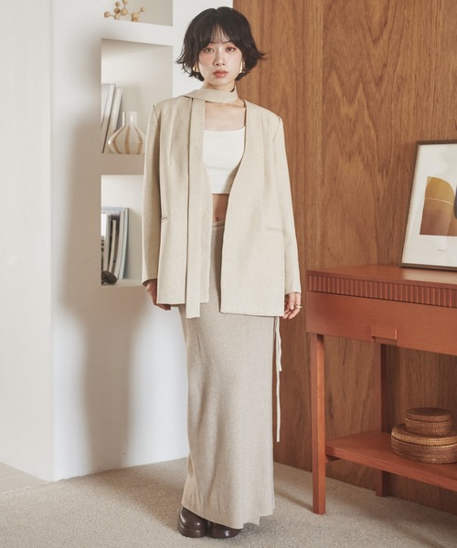 LAULEN(ローレン)の「long tie no collar jacket /ロングタイノーカラージャケット(ノーカラージャケット・レディース・チャコールグレー/アイボリー・FREE)」の10枚目の写真
