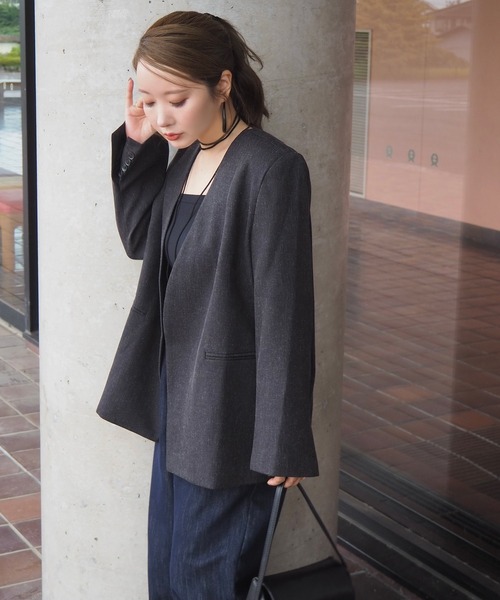 LAULEN(ローレン)の「long tie no collar jacket /ロングタイノーカラージャケット(ノーカラージャケット・レディース・チャコールグレー/アイボリー・FREE)」の3枚目の写真