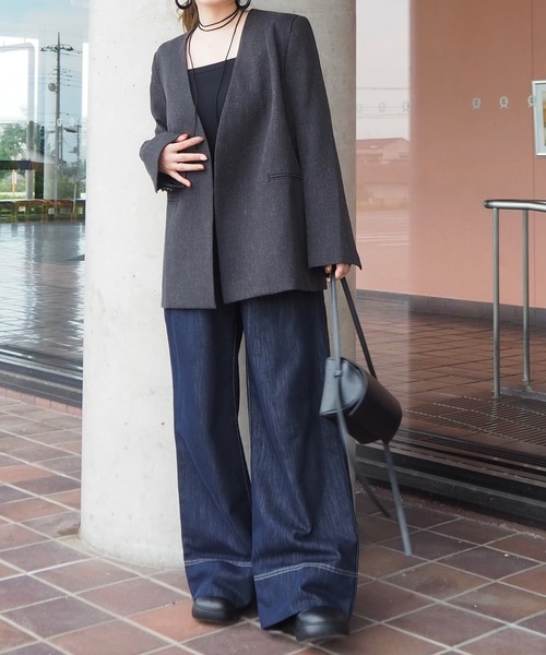 LAULEN(ローレン)の「long tie no collar jacket /ロングタイノーカラージャケット(ノーカラージャケット・レディース・チャコールグレー/アイボリー・FREE)」の6枚目の写真