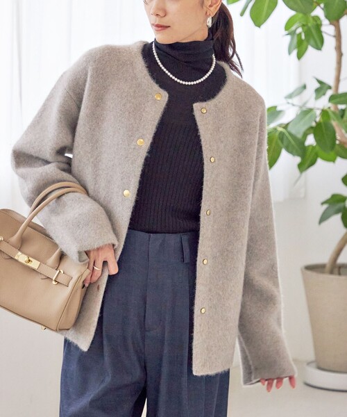 フォックス ブレンド ノーカラー ニット コート（ノーカラーコート