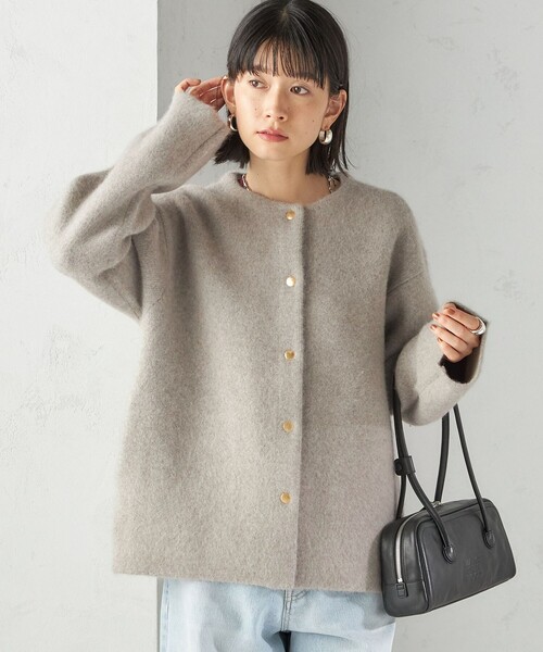 フォックス ブレンド ノーカラー ニット コート（ノーカラーコート