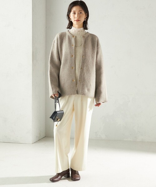 フォックス ブレンド ノーカラー ニット コート（ノーカラーコート