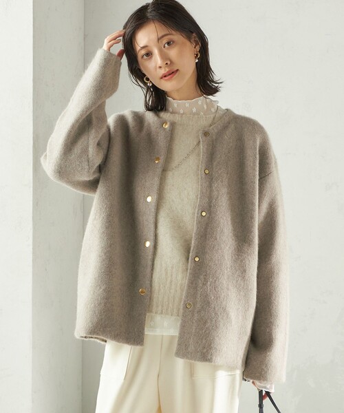 フォックス ブレンド ノーカラー ニット コート（ノーカラーコート