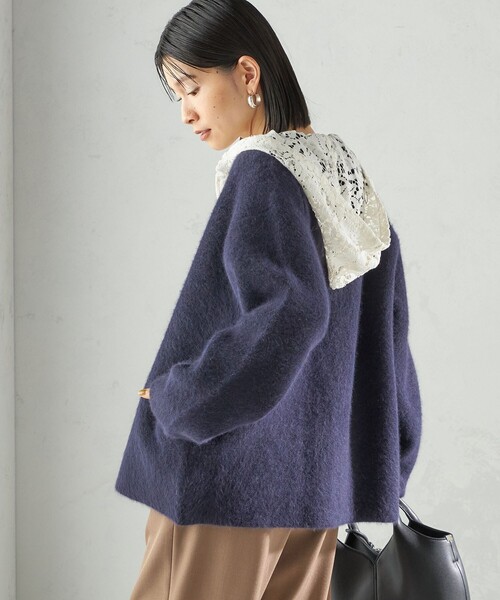 フォックス ブレンド ノーカラー ニット コート（ノーカラーコート