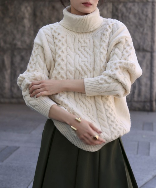 セール】【2025AW】タートルネック ケーブルニット プルオーバー