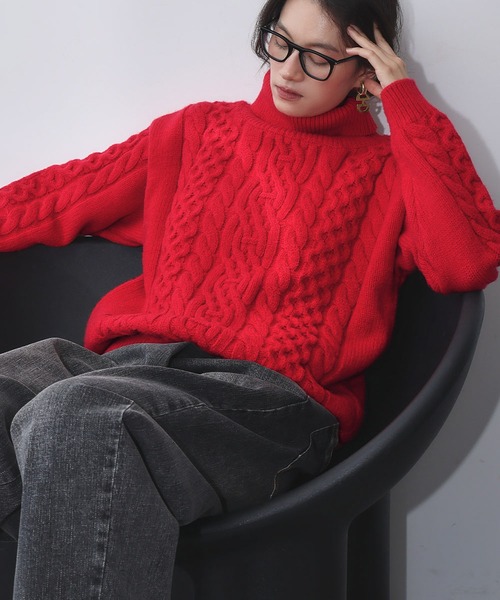 セール】【2025AW】タートルネック ケーブルニット プルオーバー