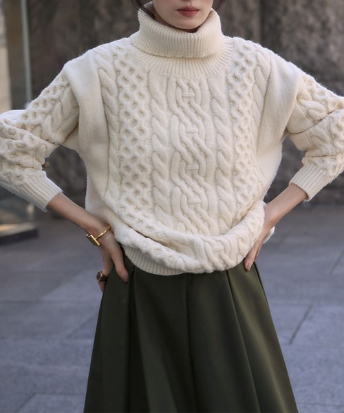 セール】【2025AW】タートルネック ケーブルニット プルオーバー