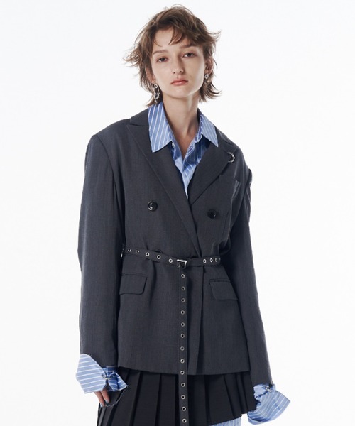 JOSE MOON（ジョゼムーン）の「BELTED TAILORED JACKET/ベルテッドテーラードジャケット（テーラードジャケット・レディース・ブラック/グレー・38/36）」の3枚目の写真