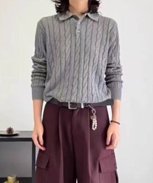 ケーブル編みニットポロ
