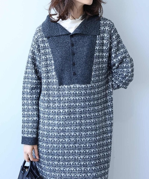 セール】【L～5L 大きいサイズ】リンクス編み襟付きニットワンピース