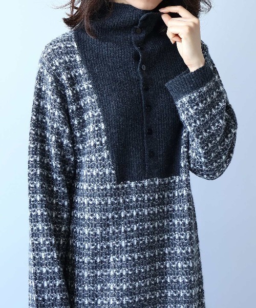 セール】【L～5L 大きいサイズ】リンクス編み襟付きニットワンピース