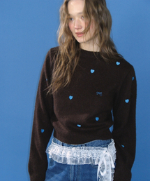 RIBBON HEART PATTERN HAIRY KNIT PULLOVER BROWN BLUE