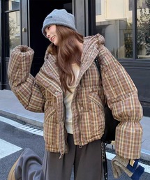 チェック柄フード付き中綿ジャケット