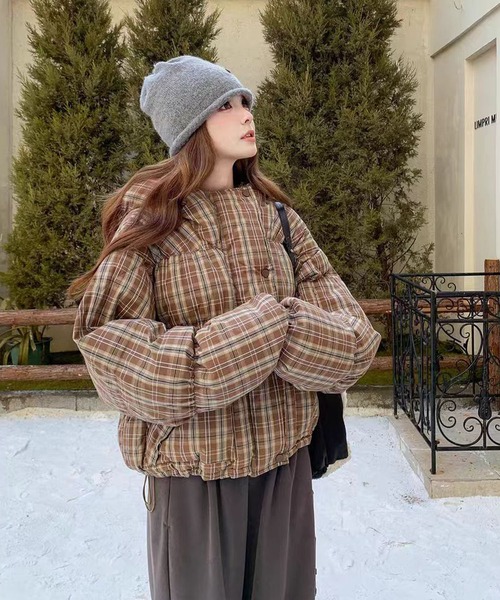 チェック柄フード付き中綿ジャケット（ダウンジャケット/コート