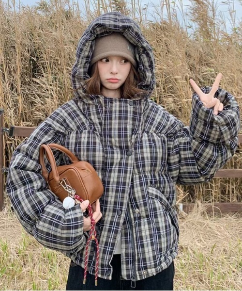 チェック柄フード付き中綿ジャケット（ダウンジャケット/コート