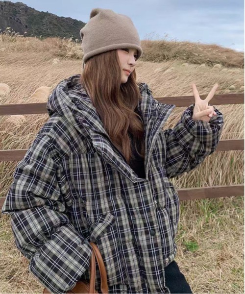 チェック柄フード付き中綿ジャケット（ダウンジャケット/コート