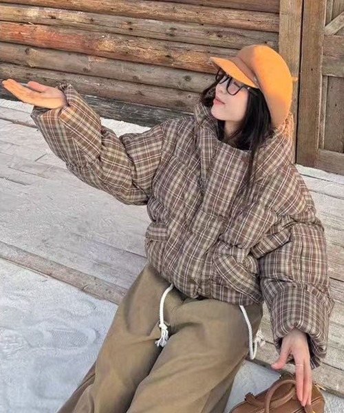 セール】チェック柄フード付き中綿ジャケット（ダウンジャケット