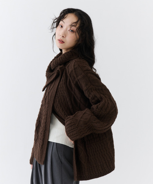 セール】2WAY Fold Collar Cable Knit / 2WAYフォールドカラ―ケーブル