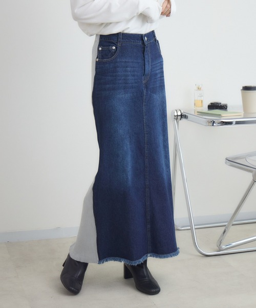 RU.TI.LE(ルチル)の「【RU.TI.LE】リブニットドッキングデニムスカート(デニムスカート・レディース・ネイビー/ブラック・MEDIUM)」の1枚目の写真