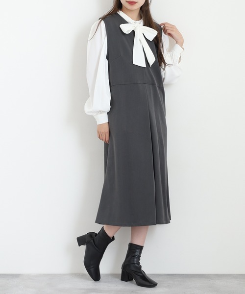 Anna Nicola（アンナニコラ）の「Anna Nicola キーネックジャンパースカート（ジャンパースカート・レディース・ブラック/チャコールグレー/グリーン・38）」の8枚目の写真