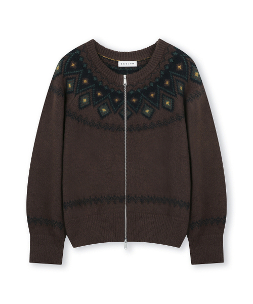 NORDIC KNIT свитер с круглым вырезом и молнией, коричневый