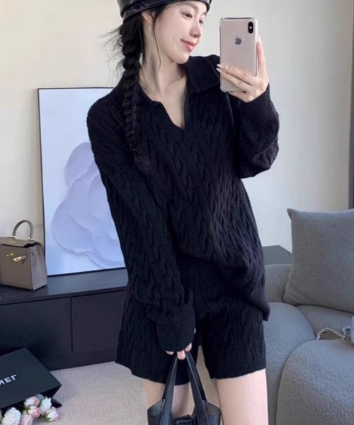 Ritzy(リッツィー)の「ケーブル編みオーバーサイズ トップス+ショートパンツ ニットセット(ニット/セーター・レディース・グレー/ブラック/ホワイト・FREE)」の3枚目の写真