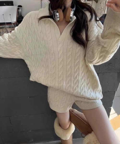 Ritzy(リッツィー)の「ケーブル編みオーバーサイズ トップス+ショートパンツ ニットセット(ニット/セーター・レディース・グレー/ブラック/ホワイト・FREE)」の6枚目の写真