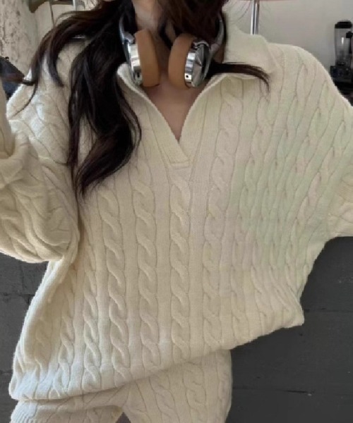 Ritzy(リッツィー)の「ケーブル編みオーバーサイズ トップス+ショートパンツ ニットセット(ニット/セーター・レディース・グレー/ブラック/ホワイト・FREE)」の10枚目の写真