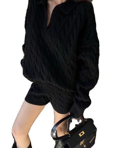 Ritzy(リッツィー)の「ケーブル編みオーバーサイズ トップス+ショートパンツ ニットセット(ニット/セーター・レディース・グレー/ブラック/ホワイト・FREE)」の13枚目の写真