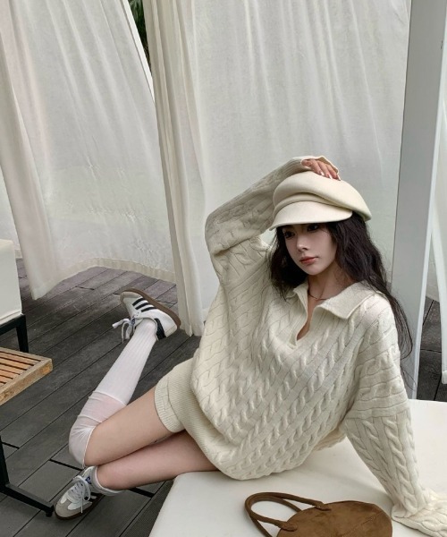 Ritzy(リッツィー)の「ケーブル編みオーバーサイズ トップス+ショートパンツ ニットセット(ニット/セーター・レディース・グレー/ブラック/ホワイト・FREE)」の19枚目の写真