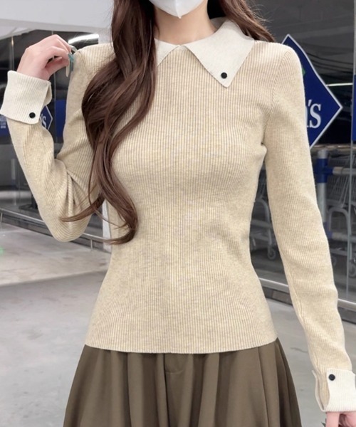COCOMOMO（ココモモ）の「レイヤード風ポロカラーニット 配色 ニット ポロ襟 レイヤード風配色ニット 長袖（ポロシャツ・レディース・ネイビー/ベージュ/ホワイト/ブラック・FREE）」の12枚目の写真