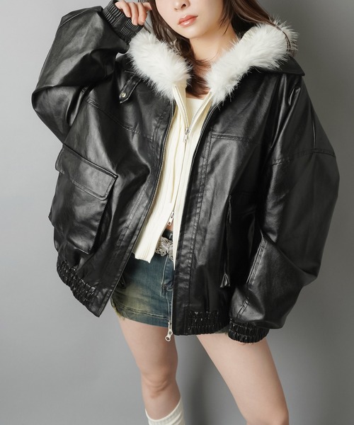 SPINNS（スピンズ）の「ヴィンテージムード漂う 合皮A2ジャケット（その他アウター・レディース・ブラウン/ブラック・ONESIZE）」の2枚目の写真