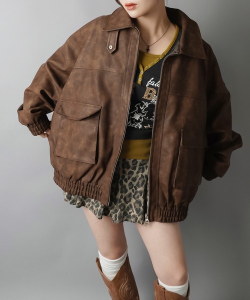 SPINNS（スピンズ）の「ヴィンテージムード漂う 合皮A2ジャケット（その他アウター・レディース・ブラウン/ブラック・ONESIZE）」の13枚目の写真