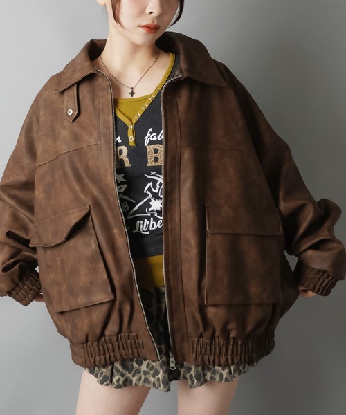 SPINNS（スピンズ）の「ヴィンテージムード漂う 合皮A2ジャケット（その他アウター・レディース・ブラウン/ブラック・ONESIZE）」の12枚目の写真