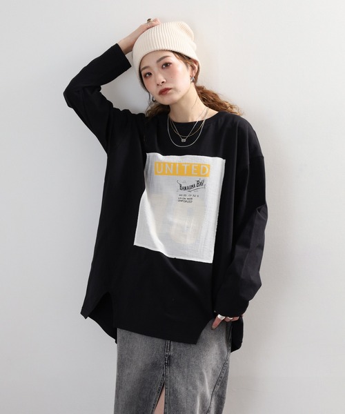 Arinomama(アリノママ)の「+Arinomama 透かしパッチーワークロゴT 長袖(Tシャツ/カットソー・レディース・ブラック/ライトグリーン/アイボリー/ライトブルー・FREE)」の1枚目の写真