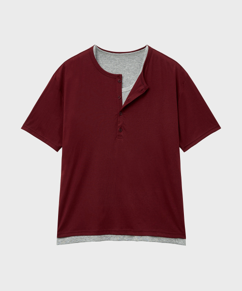 NOIRER（ノイア）の「レイヤードヘンリーネックハーフスリーブTシャツ（ワイングレー）（Tシャツ/カットソー・メンズ・その他・48/50/52）」の2枚目の写真