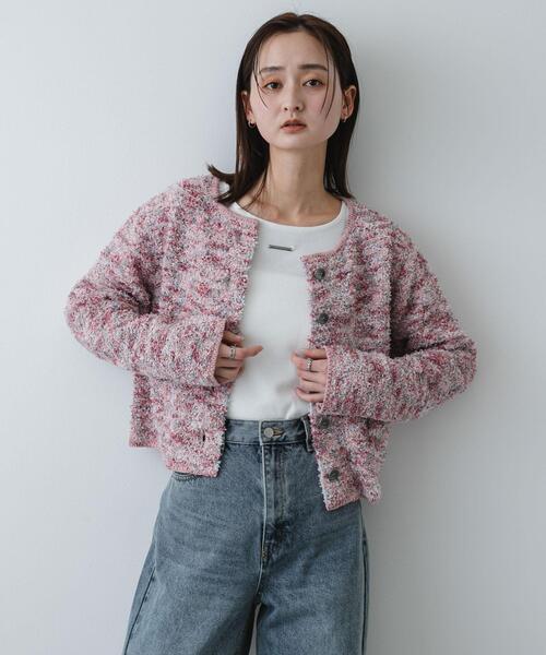 SENSE OF PLACE by URBAN RESEARCH（センスオブプレイスバイアーバンリサーチ）の「『洗濯可』ミックスツイードカーディガン（カーディガン/ボレロ・レディース・ベージュ/ピンク/ブラック・ONE）」の9枚目の写真