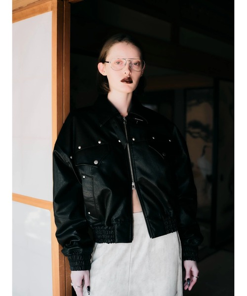 セール】【TAJEN:T】FAKE LEATHER FRINGE BOMBER JACKET/フェイク