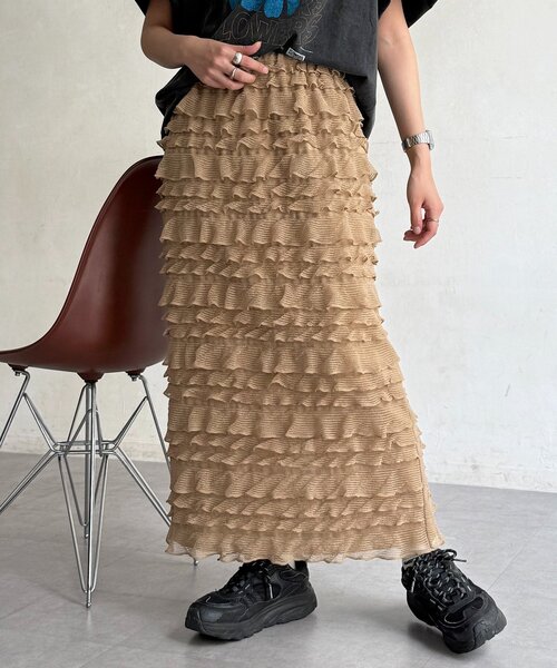 CPCM（シーピーシーエム）の「段々フリルナロースカート（スカート・レディース・ベージュ/アイボリー/ブラック・FREE）」の3枚目の写真