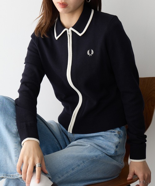 FRED PERRY(フレッドペリー)の「【FRED PERRY】ZIP-THROUGH KNITTED SHIRT K3122/ジップスルーニットカーディガン(カーディガン/ボレロ・レディース・アイボリー/ネイビー系2・FREE)」の3枚目の写真