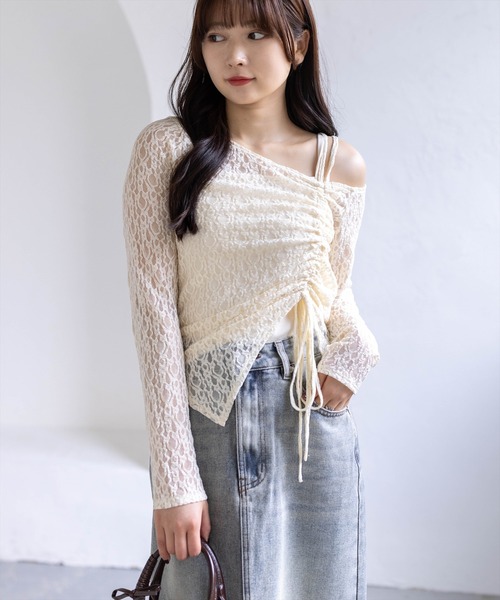 clear（クリア）の「サイドドロストワンショルレーストップス&キャミセット［骨格ウェーブ/華奢見え/調整可能/フェミニン］（アンサンブル・レディース・ベージュ/ブラック/オフホワイト/ピンク・F）」の3枚目の写真