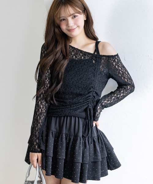 clear（クリア）の「サイドドロストワンショルレーストップス&キャミセット［骨格ウェーブ/華奢見え/調整可能/フェミニン］（アンサンブル・レディース・ベージュ/ブラック/オフホワイト/ピンク・F）」の8枚目の写真