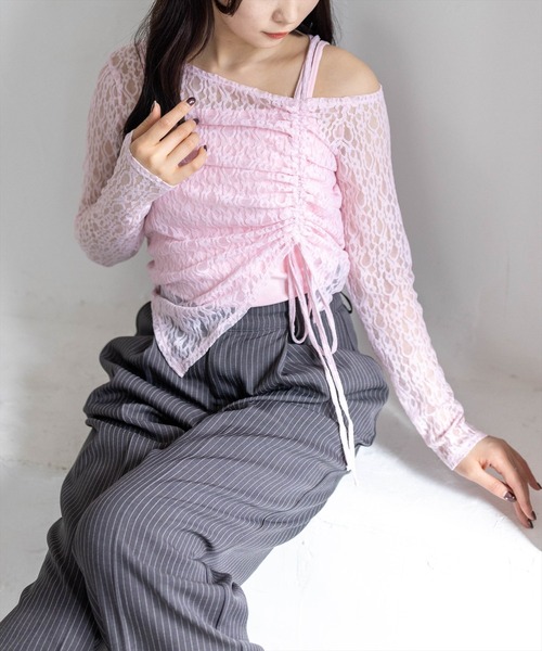 clear（クリア）の「サイドドロストワンショルレーストップス&キャミセット［骨格ウェーブ/華奢見え/調整可能/フェミニン］（アンサンブル・レディース・ベージュ/ブラック/オフホワイト/ピンク・F）」の13枚目の写真