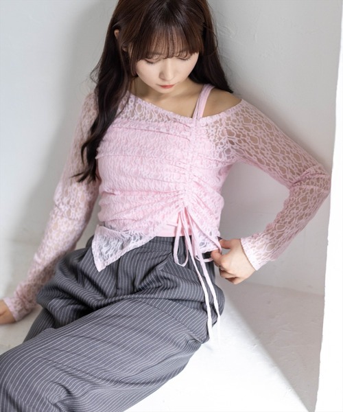 clear（クリア）の「サイドドロストワンショルレーストップス&キャミセット［骨格ウェーブ/華奢見え/調整可能/フェミニン］（アンサンブル・レディース・ベージュ/ブラック/オフホワイト/ピンク・F）」の14枚目の写真