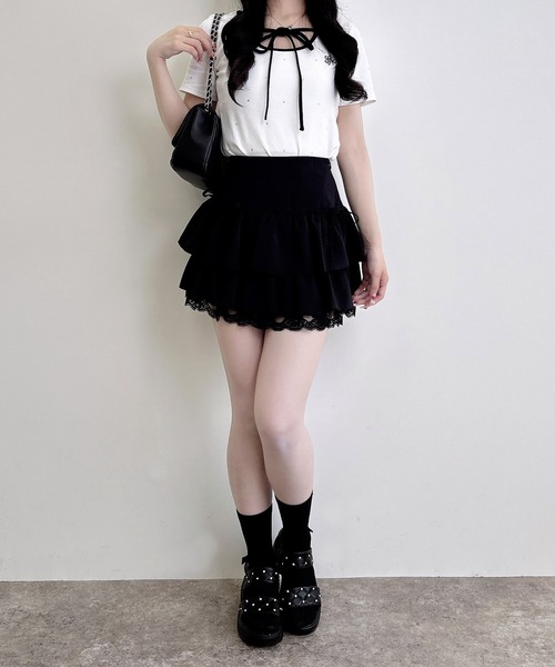 INGNI(イング)の「配色パイピングリボンラインストーン飛ばしリブトップス(Tシャツ/カットソー・レディース・ピンク系7/ブラック×ホワイト/ホワイト×ブラック・M)」の19枚目の写真