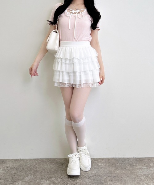 INGNI(イング)の「配色パイピングリボンラインストーン飛ばしリブトップス(Tシャツ/カットソー・レディース・ピンク系7/ブラック×ホワイト/ホワイト×ブラック・M)」の15枚目の写真